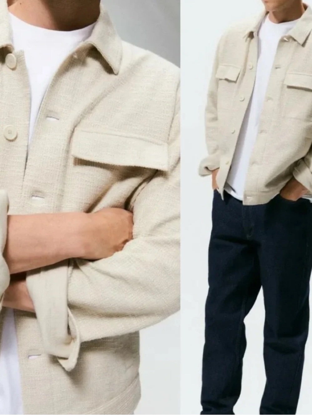 ZARA Men's Cream Button-Front Textured Jacket